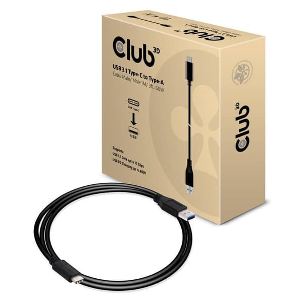 club3D USB-kabel USB 3.2 Gen1 (USB 3.0 / USB 3.1 Gen1) USB-C-kontakt, USB-A-kontakt 1,00 m Svart