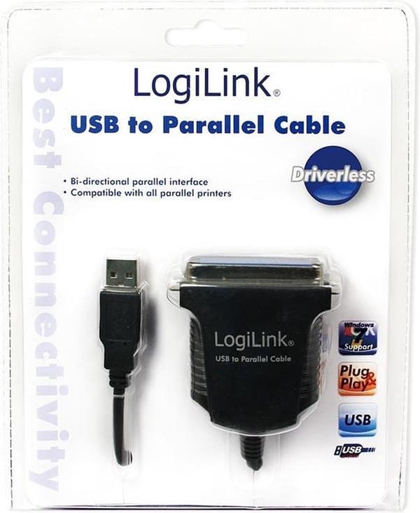 LogiLink USB 1.1, parallell anslutningskabel [1x Centronics-uttag - 1x USB 1.1-kontakt A] 1,70 m Svart