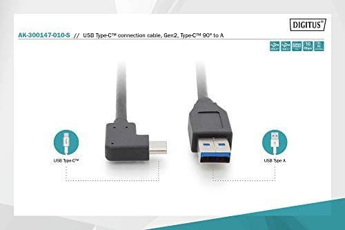 ASSMANN AK-300147-010-S, USB 3.1 anslutningskabel, USB Type-C till USB A (hane [90°]/hane), 3A, 10 Gbit/s, 1,0 meter, svart