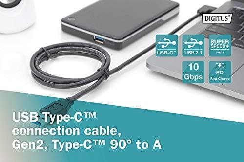 ASSMANN AK-300147-010-S, USB 3.1 anslutningskabel, USB Type-C till USB A (hane [90°]/hane), 3A, 10 Gbit/s, 1,0 meter, svart