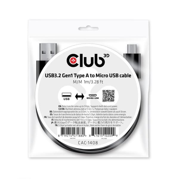 Club 3D - USB-kabel - USB Type A (M) til Micro-USB Type B (M) - USB 3.2 Gen 1 - 2.4 A - 1 m - tovejs