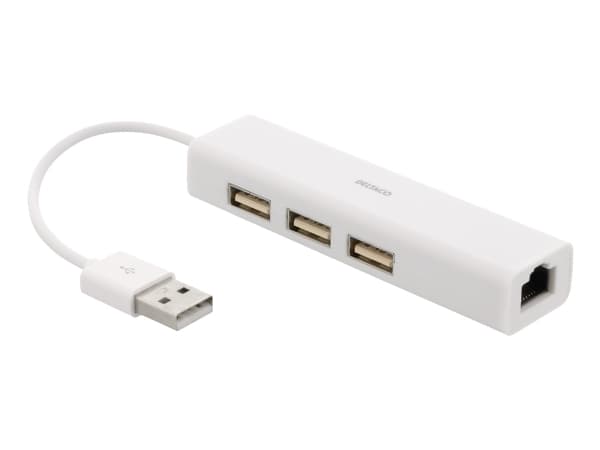 DELTACO USB2-LAN3 - Nettverksadapter - USB 2.0 - 10/100 Ethernet x 1 + USB 2.0 x 3 - hvit