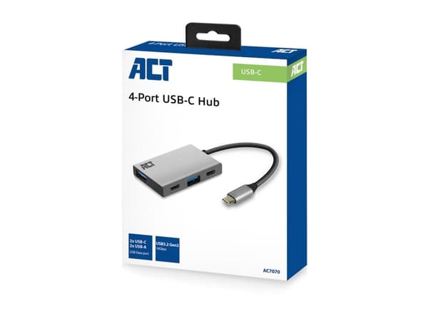 ACT USB-C Hub, number of ports: 2x USB C female , 2x USB A female, cable length 0.15m, aluminium housing USB-C - 2XUSB-C, 2XUSB-A, HUB (AC7070)