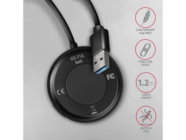 Axagon HUE-P1AL, USB 3.2 Gen 1 (3.1 Gen 1) Type-A, USB 3.2 Gen 1 (3.1 Gen 1) Type-A, 5000 Mbit/s, Musta, Pyöreä kaapeli, 1,2 m