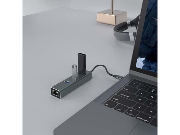 Savio AK-57 USB-C - 3 x USB-A HUB med RJ-45 Gigabit Ethernet-adapter, 5000 Mbit/s, grå