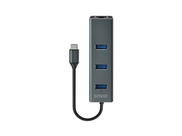 Savio AK-57 USB-C - 3 x USB-A HUB med RJ-45 Gigabit Ethernet-adapter, 5000 Mbit/s, grå