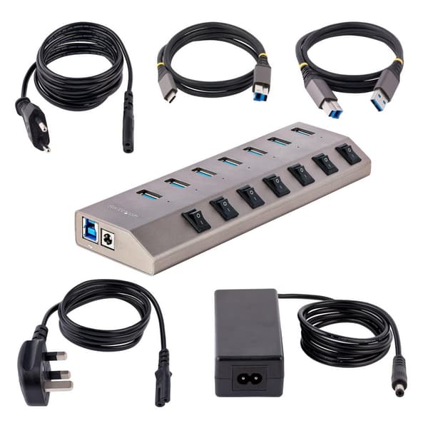 StarTech.com 7-ports selvforsynende USB-C-hub med individuelle tænd/sluk-kontakter, USB 3.0 5 Gbps udvidelseshub med strømforsyning, stationær/bærbar