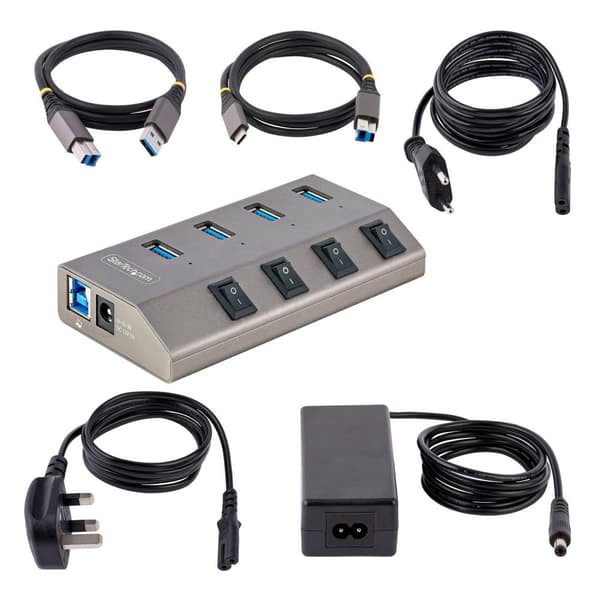 StarTech.com 4-portars självförsörjande USB-C-hubb med individuella på/av-brytare, USB 3.0 5 Gbps expansionshubb med strömförsörjning, stationär/bärba