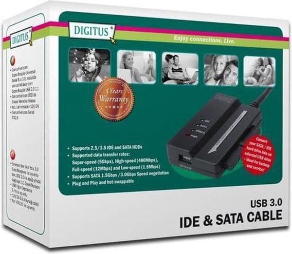 Digitus USB 3.2 Gen 1 (USB 3.0) -liitäntäkaapeli [1 x USB 3.2 Gen 1 -pistoke A (USB 3.0) - 1 x SATA-yhdistelmäliitäntä 15+7-nastainen, IDE-liitäntä 40