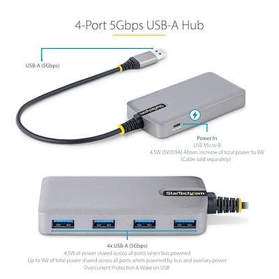 StarTech.com 4-ports USB-hub, USB3.0 5 Gbps, busdrevet, USB-A til 4x USB-A-hub med valgfri hjælpestrømindgang, bærbar stationær/bærbar USB-hub med 1 f