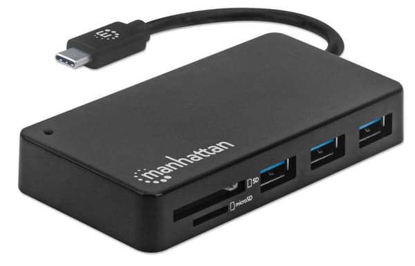 Manhattan USB-C Dock/hubb med kortläsare - portar (x3): USB-A (x3), 5 Gbps (USB 3.2 Gen1 aka USB 3.0), extern strömförsörjning behövs ej, SuperSpeed U