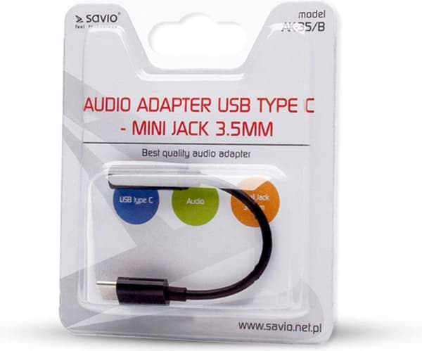 SAVIO USB Typ 3.1 C (M) – Jack 3,5 mm (F) Ljudadapter Svart AK-35/B