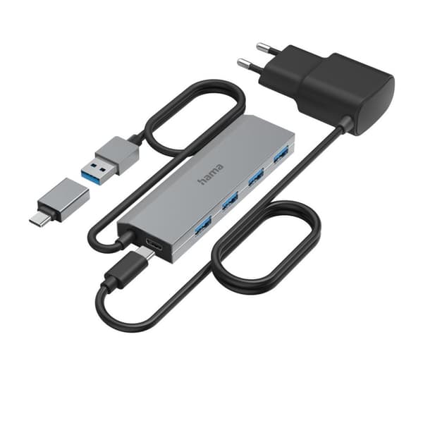 Hama USB Hub, 4 porttia, USB 3.2 Gen1, 5 Gbit/s, sis. USB-C-sovittimen ja virtalähteen (00200138)