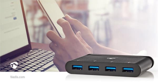Nedis USB-adapter | USB 3.2 Gen 1 | USB-C™ han | 4x USB-A | Forniklet | Sort | Vinduesboks med Eurolås