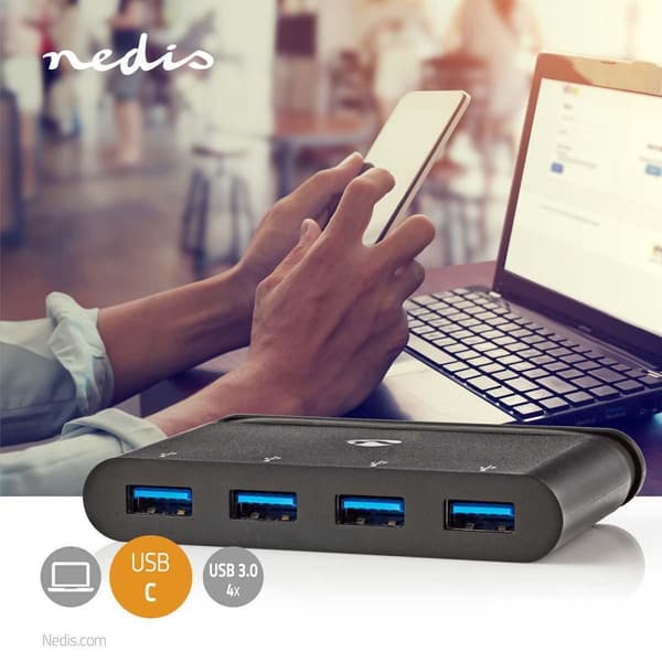 Nedis USB-adapter | USB 3.2 Gen 1 | USB-C™ han | 4x USB-A | Forniklet | Sort | Vinduesboks med Eurolås