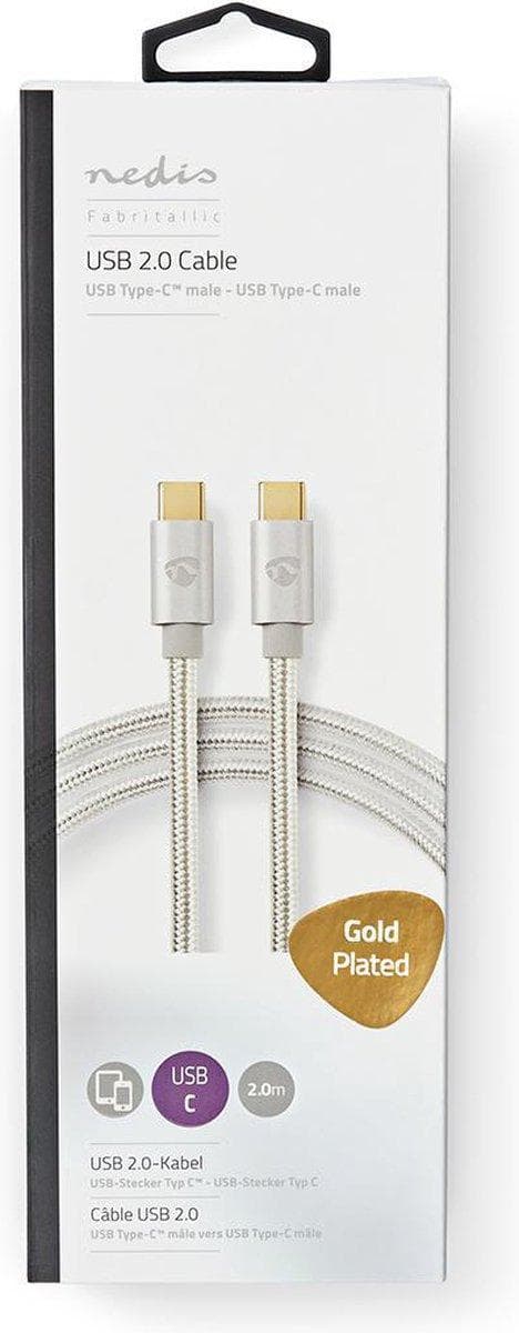 Nedis USB-kabel | USB 2.0 | USB-C™ hane | USB-C™ hane | 480 Mbps | Guldpläterad | 2,00m | Runda | Flätad / Nylon | Aluminium | Täckfönsterlåda