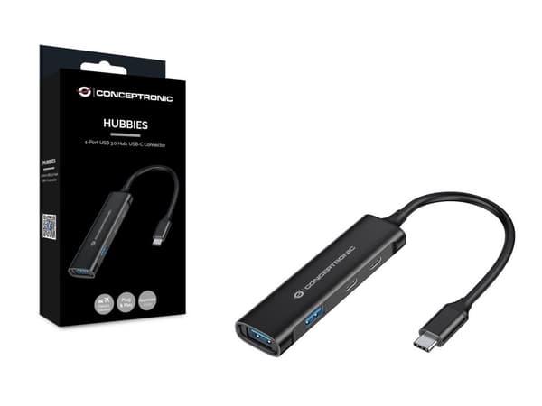 Conceptronic HUBBIES 4-portars USB 3.0-hubb - USB-C-kontakt - USB 3.2 Gen 1 (3.1 Gen 1) Typ-C - 5000 Mbit/s - svart - aluminium - 0,15 m - USB (HUBBIE