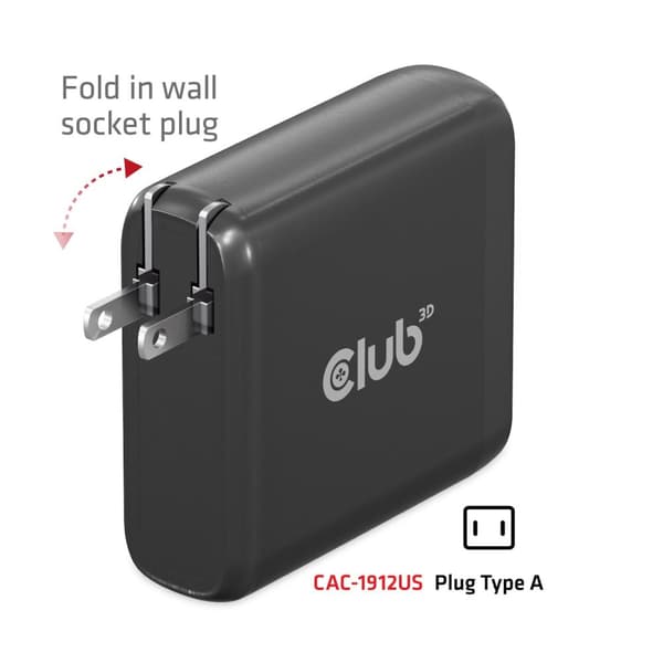 CLUB3D CAC-1912EU Matkalaturi 100 W - 100 W - 100 - 240 V - 50/60 Hz - Ylikuormitus - Ylijännite - Musta - USB (CAC-1912EU)