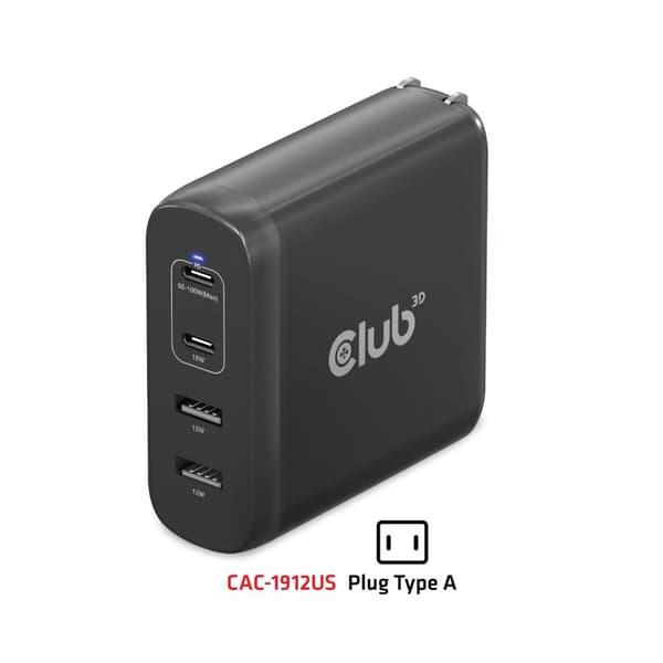 CLUB3D CAC-1912EU Matkalaturi 100 W - 100 W - 100 - 240 V - 50/60 Hz - Ylikuormitus - Ylijännite - Musta - USB (CAC-1912EU)
