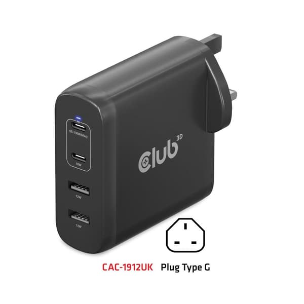 CLUB3D CAC-1912EU Matkalaturi 100 W - 100 W - 100 - 240 V - 50/60 Hz - Ylikuormitus - Ylijännite - Musta - USB (CAC-1912EU)