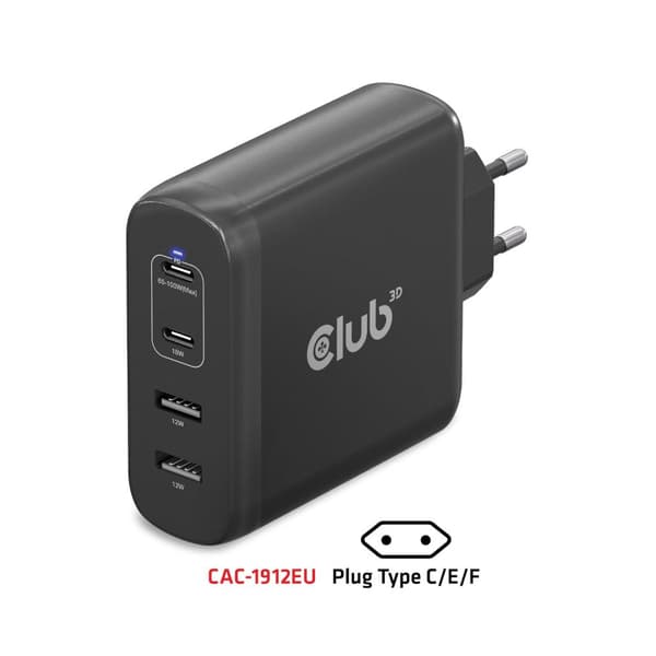 CLUB3D CAC-1912EU Matkalaturi 100 W - 100 W - 100 - 240 V - 50/60 Hz - Ylikuormitus - Ylijännite - Musta - USB (CAC-1912EU)
