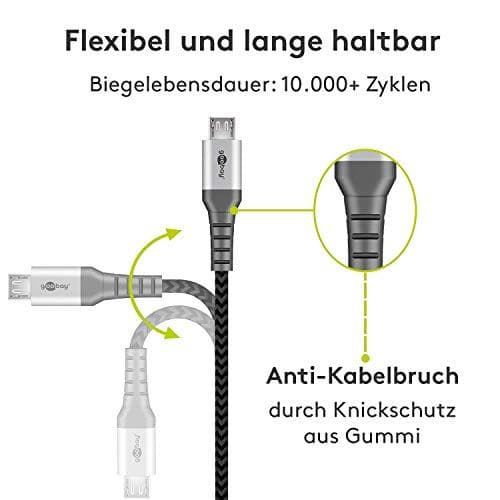 Goobay Micro-USB to USB-A textile cable with metal plugs (space grey/silver) 0.5 m, 0.5 m, black-grey - elegant and extra-robust connection cable for