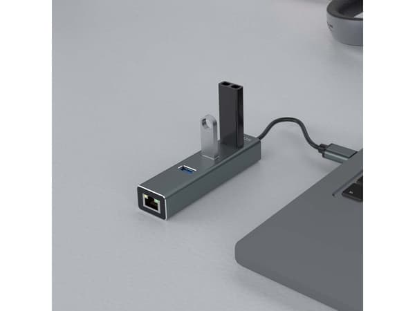 Savio AK-57 USB-A - 3 x USB-A HUB med RJ-45 Gigabit Ethernet-adapter, 5000 Mbit/s, grå