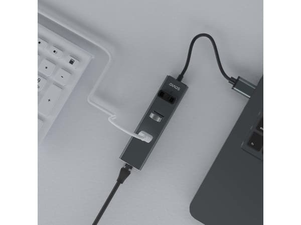 Savio AK-57 USB-A - 3 x USB-A HUB med RJ-45 Gigabit Ethernet-adapter, 5000 Mbit/s, grå