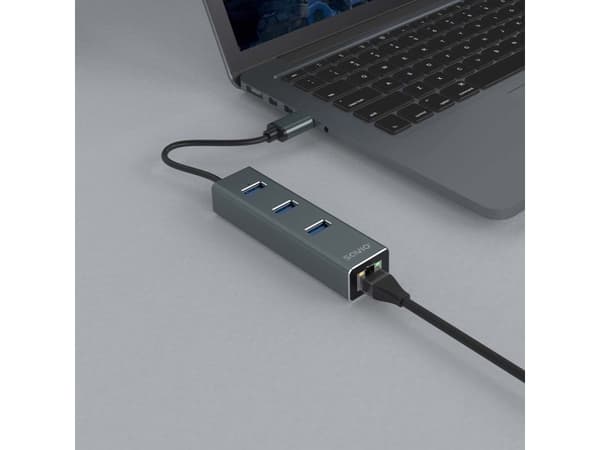 Savio AK-57 USB-A - 3 x USB-A HUB med RJ-45 Gigabit Ethernet-adapter, 5000 Mbit/s, grå