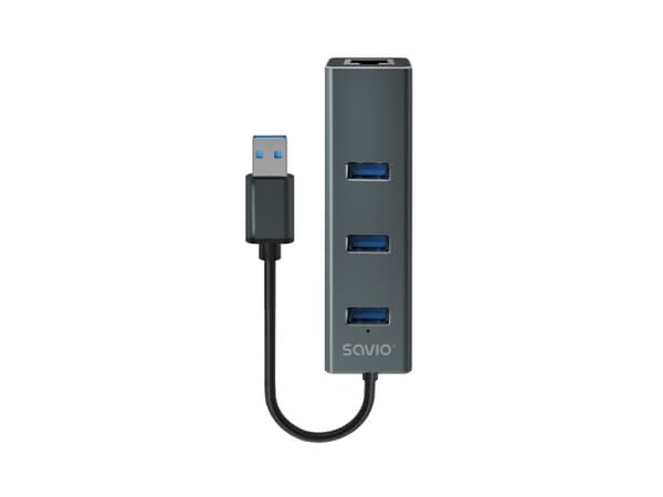 Savio AK-57 USB-A - 3 x USB-A HUB RJ-45 Gigabit Ethernet -sovittimella, 5000 Mbit/s, harmaa