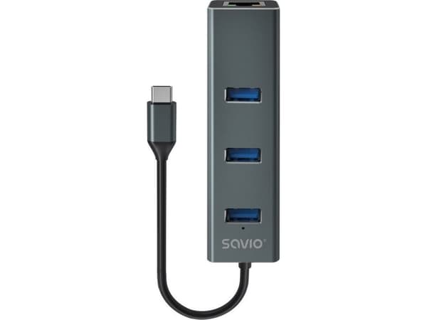 SAVIO AK-57 3-porttinen USB-C 3.1 GEN 1 HUB RJ-45 Gigabit Ethernet -sovittimella varustettuna