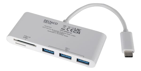 DELTACO USB 3.1 Gen 1 hubb, USB-C, 3USB A, SD/microSD-läsare, vit