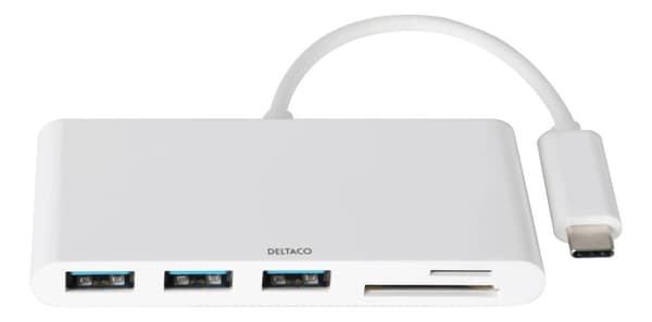 DELTACO USB 3.1 Gen 1 hubb, USB-C, 3USB A, SD/microSD-läsare, vit