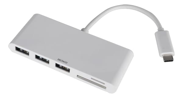 DELTACO USB 3.1 Gen 1 hubb, USB-C, 3USB A, SD/microSD-läsare, vit