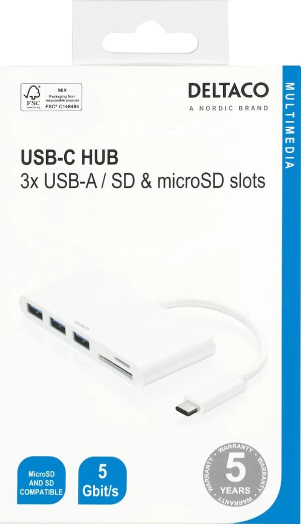 DELTACO USB 3.1 Gen 1 hubb, USB-C, 3USB A, SD/microSD-läsare, vit