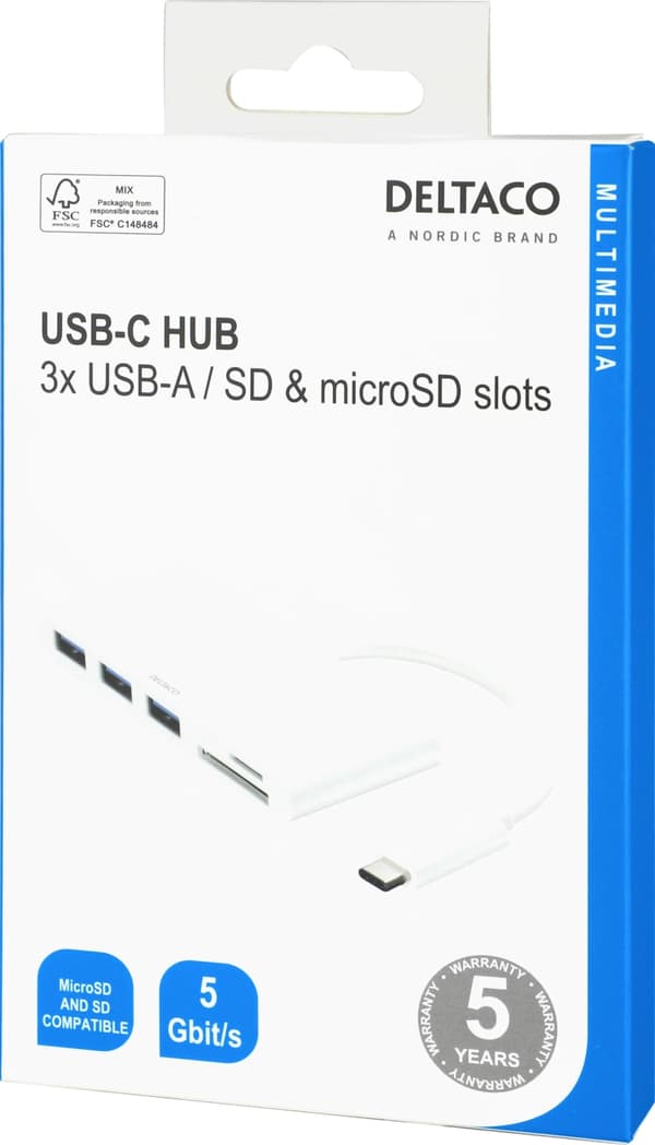 DELTACO USB 3.1 Gen 1 hubb, USB-C, 3USB A, SD/microSD-läsare, vit
