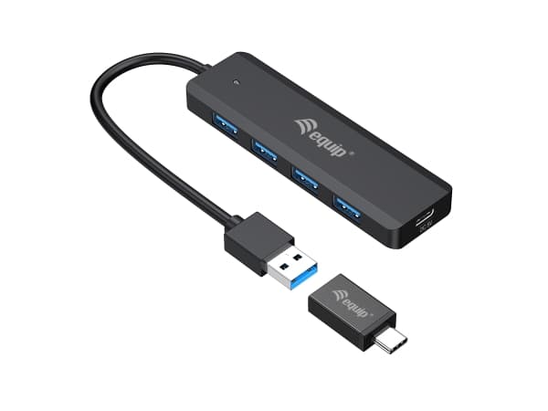 Equip 4-Port USB 3.0 Hub mit USB-C Adapter, svart