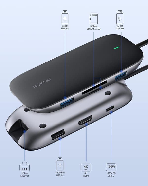USB Hub med Ethernet, HDMI, USB 3.0, USB-C, SD & Mikro SD