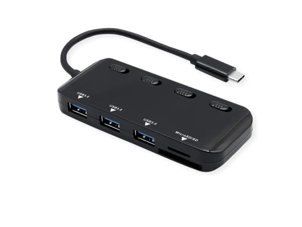 ROLINE 14.02.5059, USB 3.2 Gen 1 (3.1 Gen 1) Type-C, USB 3.2 Gen 1 (3.1 Gen 1) Type-A, MicroSD (TransFlash), 5120 Mbit/s, Svart, Plast
