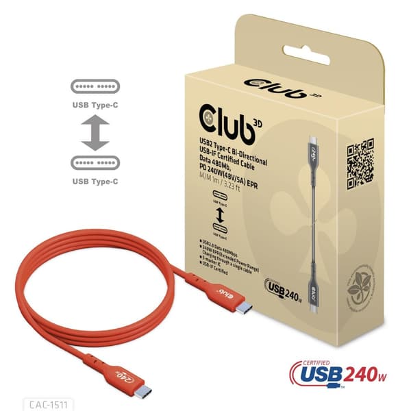 CLUB3D USB2 Type-C kaksisuuntainen USB-IF-sertifioitu kaapeli data 480 Mb, PD 240W (48V/5A) EPR M/M 4m / 13,13ft
