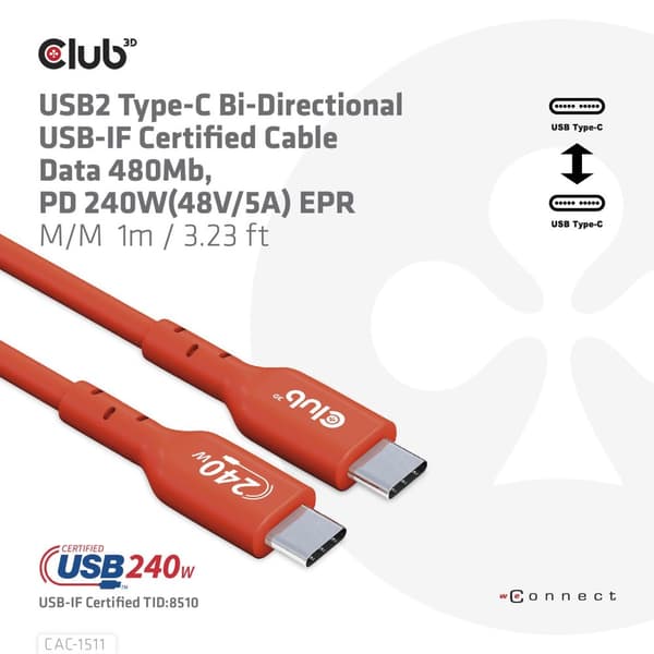 CLUB3D USB2 Type-C kaksisuuntainen USB-IF-sertifioitu kaapeli data 480 Mb, PD 240W (48V/5A) EPR M/M 4m / 13,13ft