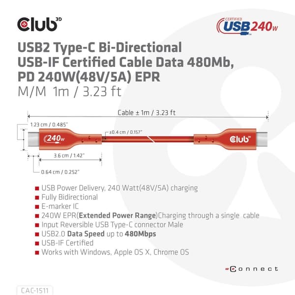CLUB3D USB2 Type-C kaksisuuntainen USB-IF-sertifioitu kaapeli data 480 Mb, PD 240W (48V/5A) EPR M/M 4m / 13,13ft
