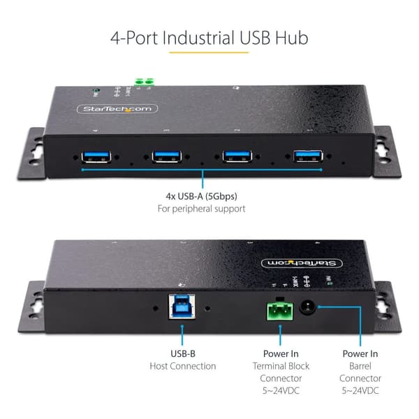 StarTech.com 4-ports industriel USB 3.0-hub, 5 Gbps, robust USB-hub med ESD og overspændingsbeskyttelse, USB-A-hub, der kan monteres på DIN/væg/skrive