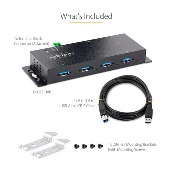 StarTech.com 4-ports industriel USB 3.0-hub, 5 Gbps, robust USB-hub med ESD og overspændingsbeskyttelse, USB-A-hub, der kan monteres på DIN/væg/skrive