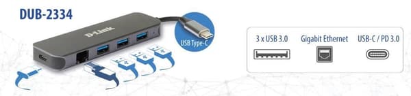 D-Link 5-i-1 USB-C Hub med Gigabit Ethernet/strømforsyning DUB-2334