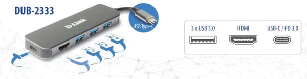 D-Link 5-in-1 USB-C-keskitin HDMI-/virtalähteellä DUB-2333