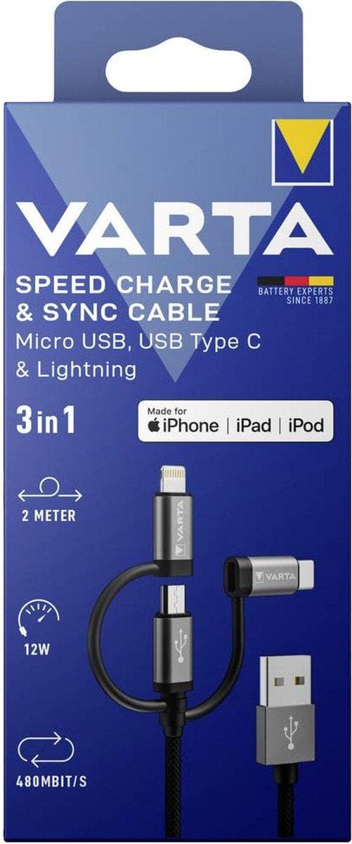 Varta Speed Charge & Sync Kabel 3in1 USB-A till Light./Mic./USB-C (57937 101 111)