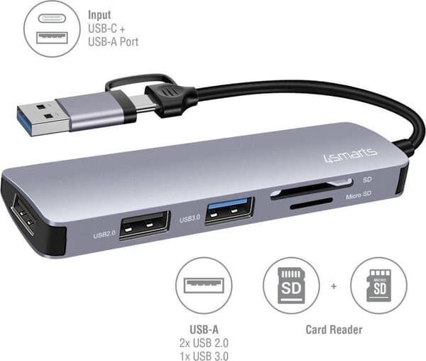 4smarts 469630 - USB 3.2 Gen 1 (3.1 Gen 1) Typ-A + Typ-C - USB 2.0 - USB 3.2 Gen 1 (3.1 Gen 1) Typ-A - MicroSD (TransFlash) - SD - 5000 Mbit/s - Grå -