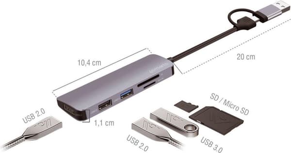 4smarts 469630 - USB 3.2 Gen 1 (3.1 Gen 1) Typ-A + Typ-C - USB 2.0 - USB 3.2 Gen 1 (3.1 Gen 1) Typ-A - MicroSD (TransFlash) - SD - 5000 Mbit/s - Grå -