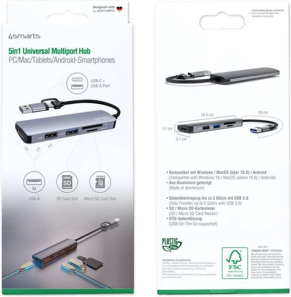 4smarts 469630 - USB 3.2 Gen 1 (3.1 Gen 1) Typ-A + Typ-C - USB 2.0 - USB 3.2 Gen 1 (3.1 Gen 1) Typ-A - MicroSD (TransFlash) - SD - 5000 Mbit/s - Grå -